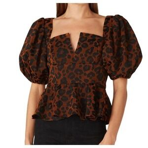 Autumn Adeigbo Cheetah Peplum Top Blouse Sz 0 Josephine Orange Black Puff Sleeve